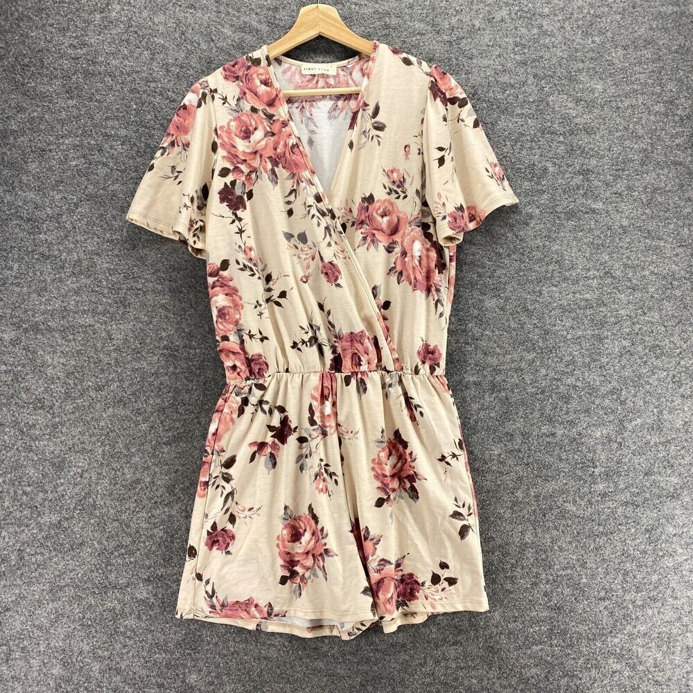 First Look Jumpsuit Women XL Beige Floral V-Neck Short Sleeve Wide Leg Rayon